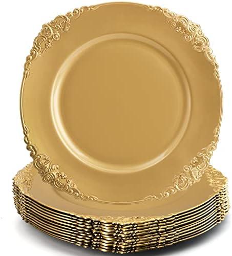 Okllen 12 Pack Gold Charger Plates, 13" Round Charger Plates with Embossed Rim, Decorative Dinner Charger Serving Plates for Catering, Wedding, Tabletop Decor