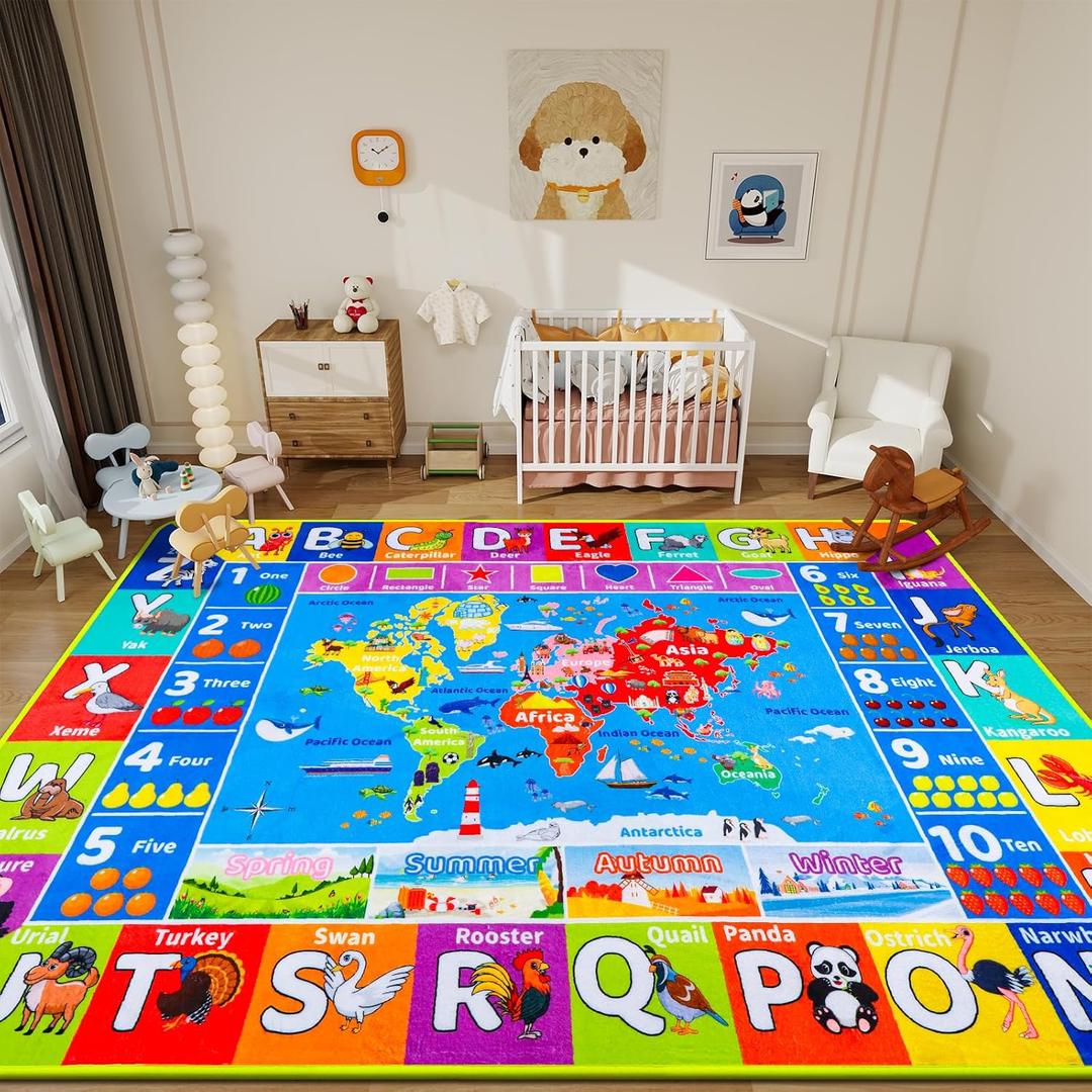 World Map ABC Kid Rug for Playroom Geography 59"39.4" Classroom Play Rug Educational Baby Playmat Alphabet Carpet Primary School Fluffy Ployester Non-Slip Preschool Mat Nursery Room Learning