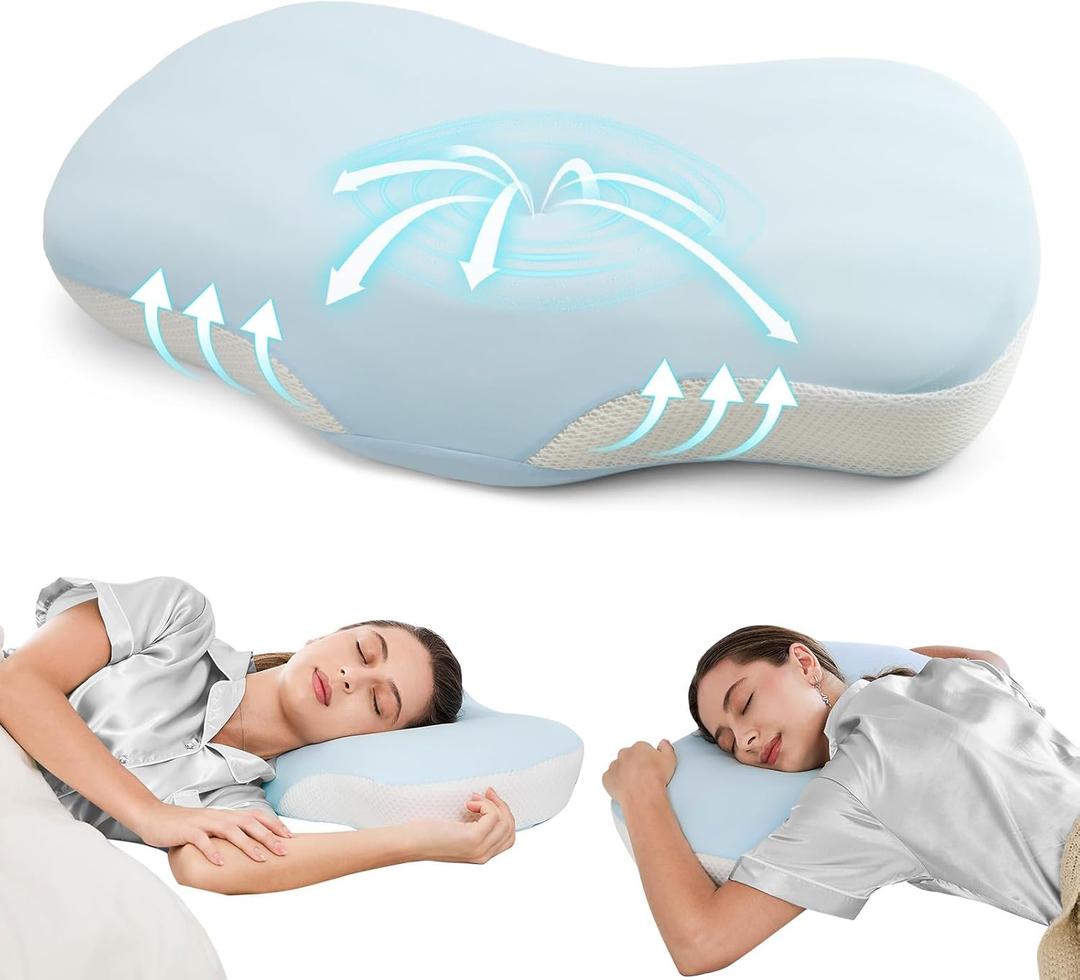 JOYENERGY Ergonomic Cervical Pillow, Contour Design for Side & Back Sleepers, Memory Foam Orthopedic Cervical Shape Gently Cradles Head & Provides Neck Support & Shoulder Pain Relief (Blue)