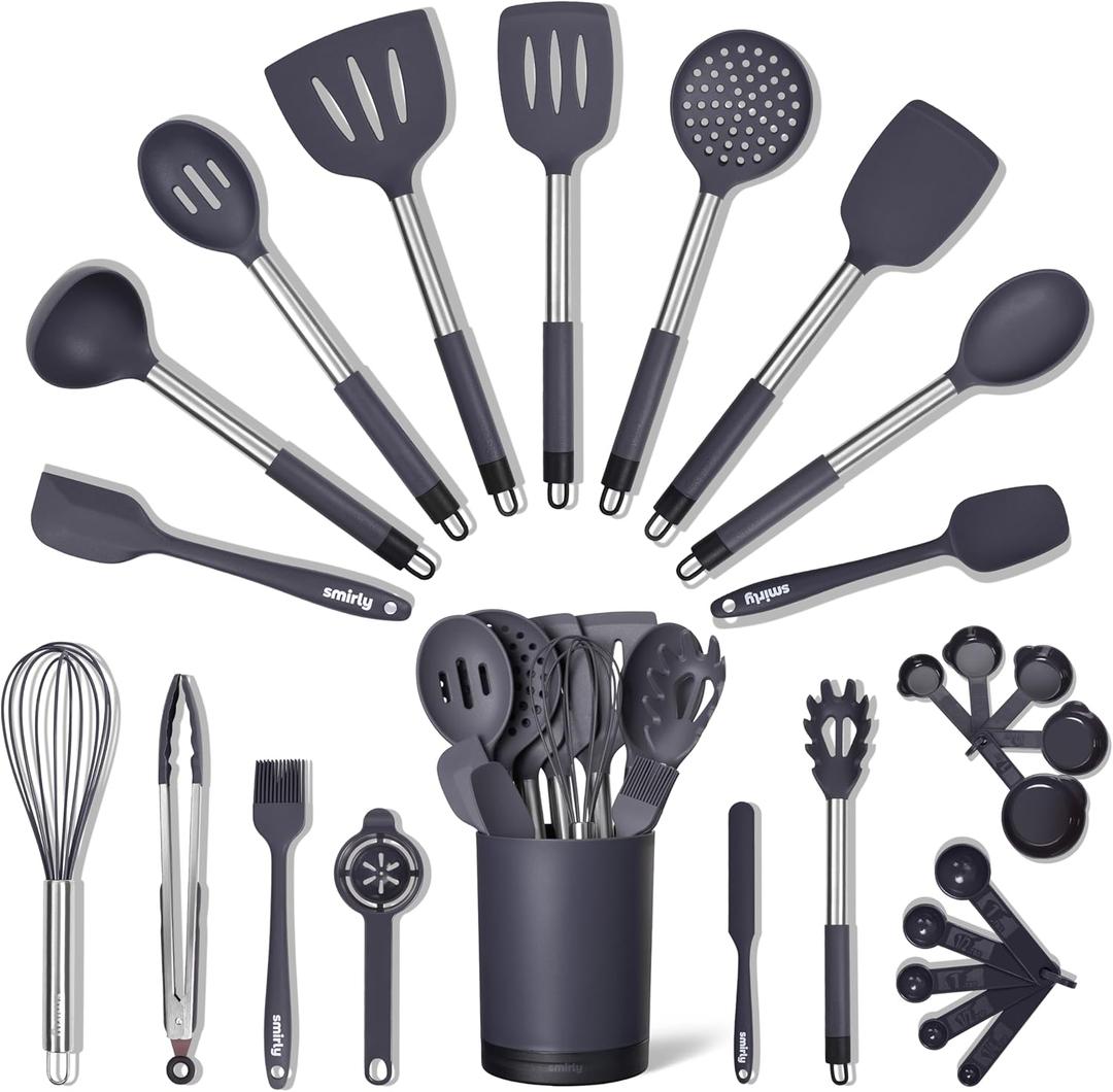 SMIRLY Kitchen Utensils Set  26-Piece Silicone Cooking Utensils Set, Spatula Set with Holder, Stainless Steel Handle Silicone Kitchen Gadgets for Nonstick Cookware
