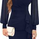IHOT 2026 Women's Long Sheer Sleeve Ruched Sheath Bodycon Cocktail Party Work Dress (X-Large, Navy)