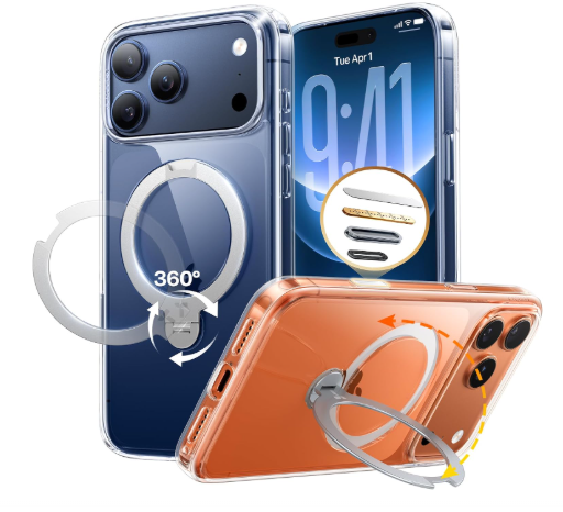 TORRAS Ostand Q3 Spin for iPhone 17 Pro Case Clear, 360 Magnetic Stand, Fit for MagSafe, Camera Control, Built-in Kickstand, 4X Military-Grade Shockproof Slim Phone Case for iPhone 17 Pro, 6.3''