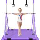 Safly Fun Foldable Gymnastics Bar for Kids, Adjustable 35"-51", Sturdy 145 lbs Capacity, Easy-to-Assemble, Gymnastics Equipment for Kids for Indoor/Outdoor Training (Purple with Mat)