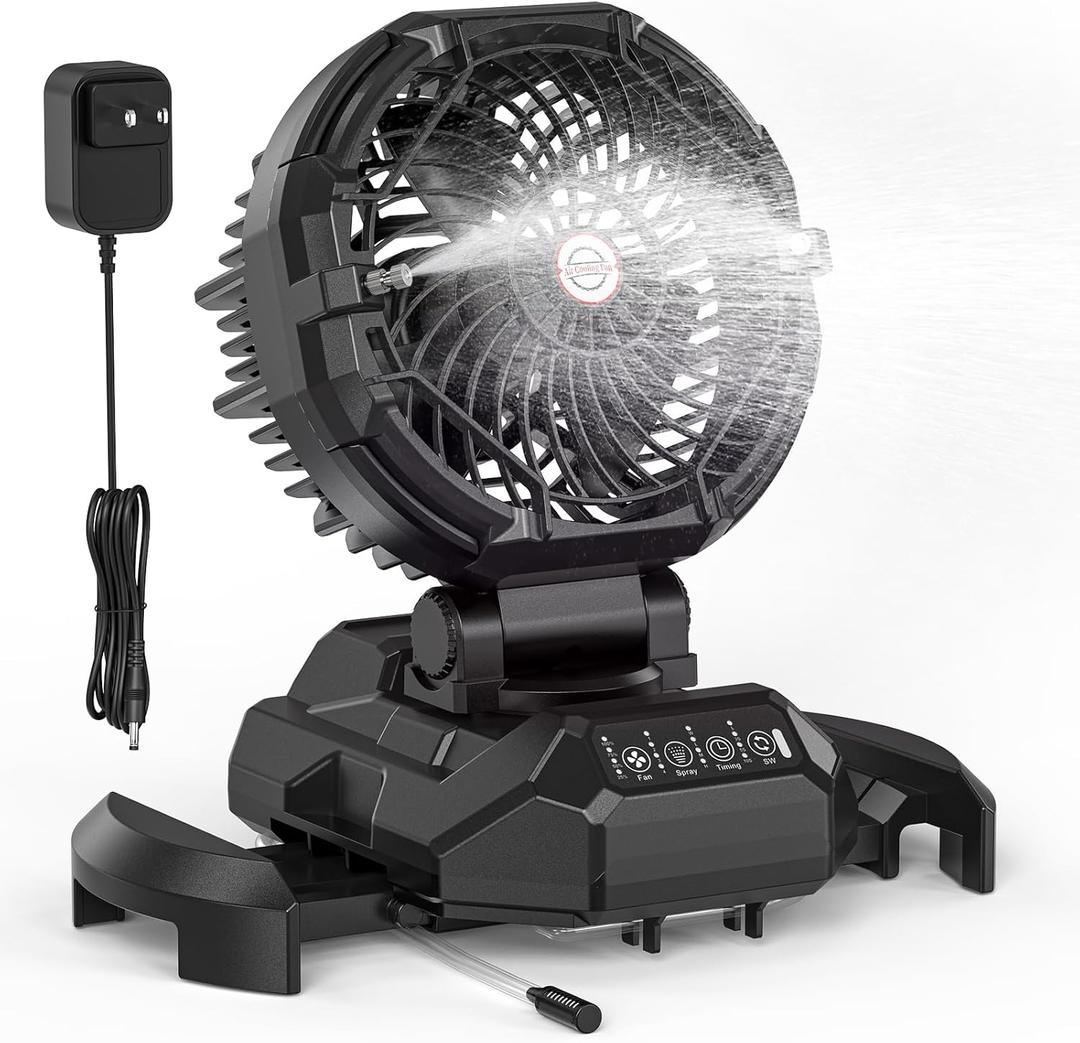 Portable Misting Fan for Outdoors Patios - 30000mAh Rechargeable Battery Powered Camping Fan, 4 Spray Mister with Timer, Fits 10-13" Bucket, 4 Speed, 90 Auto Oscillation for Garden Sports Travel Golf (Black)