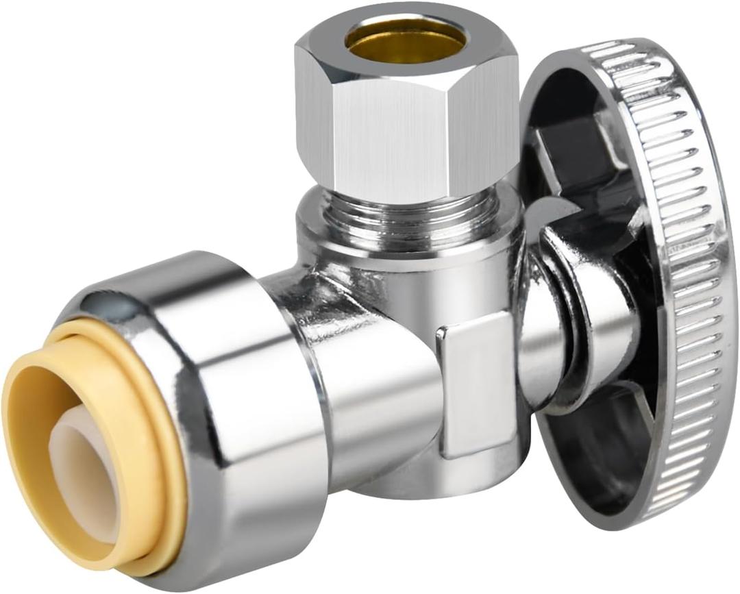 Stop Valves, 1/2"  3/8" Angle Stop Valve, 1/2" PTC Input, 3/8" OD Compression Output, Push to Connect, 1/4 Turn, Chrome Plated Brass for Faucet, Toilet Valves, No Lead