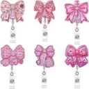 BEEFLYING 6Pcs Cute Nurse Badge Reels Pink Bowknot Nurse ID Card Retractable Badge Holder with Alligator Clip for Office School Hospital Teacher Nursing Name Tag Card
