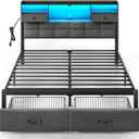 Rolanstar Bed Frame Queen Size with Drawers and Charging Station, Upholstered Platform Bed with Storage Headboard and LED Light, Heavy Duty Metal Frame Support, No Box Spring Needed, Noise Free, Grey