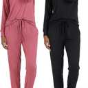 Real Essentials 2 Pack: Women's Soft Long Sleeve Sleep Set - Comfortable Lounge Pull Over Hoodie and Henley Jogger