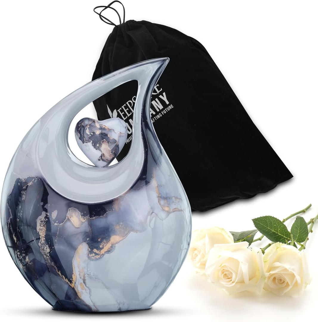 Grey Multicolor Tear Drop Urn for Ash - Heart Urns for Human Ashes Adult -Cremation Urns for Adult Ashes -Decorative Urns - 10 Inches High and 2.5 Litres Volume.