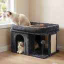 Heybly Cat Tree, 14 inch Cat Tower with Large Perch Bed and Cat Condo for Indoor Cats Large Adult, Cat House with Scratching Posts and Interactive Spring Balls for Your Kittens, Smoky Gray HCT203SG