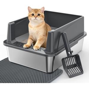 Stainless Steel Cat Litter Box with Lid, High-Sided Metal Litter Pan for Small Cats, Kitty Litter Box, Non-Stick & Odor-Resistant, Anti-Urine Leakage, Easy to Clean, Scoop Included (Dark Grey)