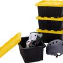 Plastic 5-Gallon Storage Tote with Lockable Lid, Stackable Tough Regular-Duty Bin for Garage, Tools, and Home Organization (4-Pack) - Black and Yellow