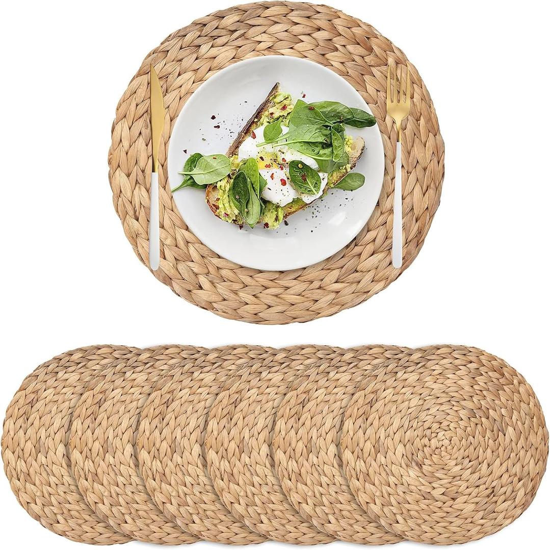 6 Pack Woven Placemats, Round Wicker Placemats, Rattan Place mats, Natural Hand-Woven Water Hyacinth Table Mats, Braided Straw Table Mats for Dining Table (13.8 inch)