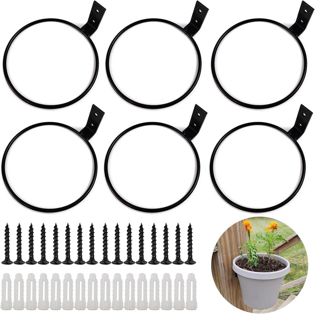 TIHOOD 6 Pack 6 inch Flower Pot Holder Ring, Flower Pot Holder Ring Wall Mounted Set Wall Mounted Metal Planter Hanger Matte Black Hanging Plant Holder