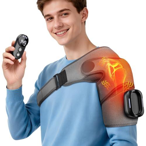 Cordless Shoulder Heating Pad with Massage, Heated Shoulder Wrap, Detachable Magnetic Controller Heated Shoulder Pad with 5 Heats and Vibration Modes (Grey)