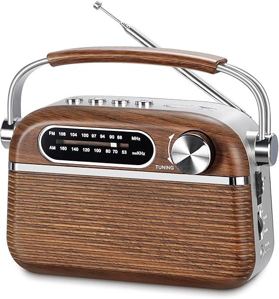 PRUNUS J130 Retro Portable AM FM Radio AC Plug in Wall,Battery Operated/Rechargeable,Transistor Radios with Bluetooth,Vintage Wood Radio Support TF Card/USB Playing, for Dad and Mom