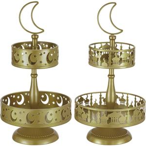 2 Pieces Eid Metal Tray Decorations Mubarak Cake Stand Golden Decorative Trays Ramadan Cupcake Holder Double Layer Cookie Tray Rack Dessert Display Plate for Eid Mubarak Party Supplies