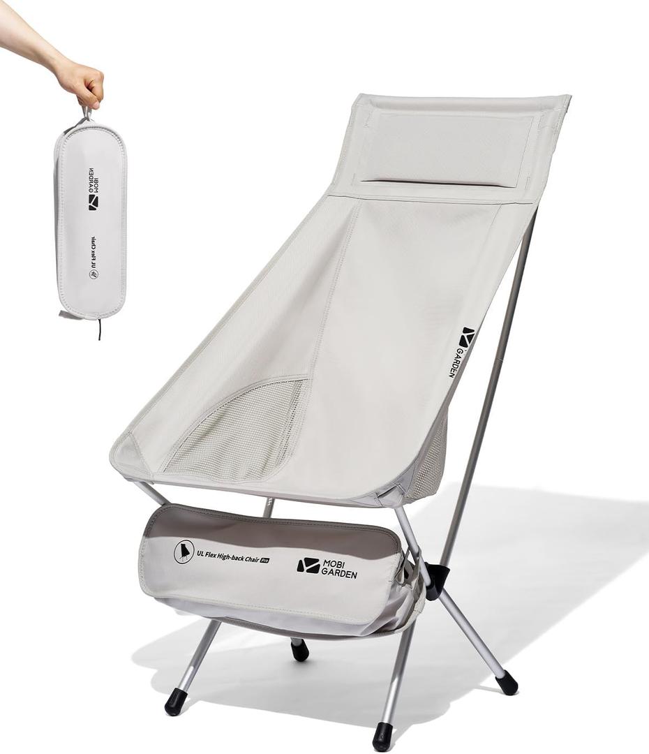 Mobi Garden High Back Camping Chair, Ultralight Hiking Chair with 7075 Aluminum Frame, Portable Lawn Chair with Breathable Mesh Sides & Attached Carry Bag for Hiking, Backpacking, and Festivals, White