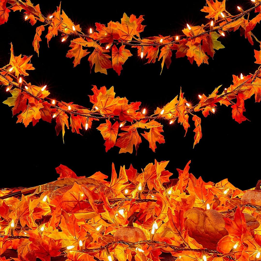 Meknow Fall Decor Fall Decorations for Home 9FT Plug in Fall Garland with Lights 50 Orange Bulbs Connectable Lighted Fall Garland Light for Indoor Outdoor Halloween Thanksgiving Harvest Decorations (1 Pack)