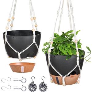 10 Inch Hanging Planters for Indoor Plants, 2 Pack Self Watering Hanging Baskets Flower Pots with Drainage Hole, Visual Reservoir & 2 Kinds of Plant Hanger for Outdoor Garden Home DecorBlack