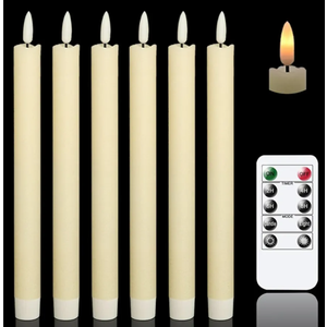 GenSwin Flameless Ivory Taper Candles Flickering with 10-Key Remote, Battery Operated Led Warm 3D Wick Light Window Candles Real Wax Pack of 6, Christmas Home Wedding Decor (0.78 X 9.64 Inch)