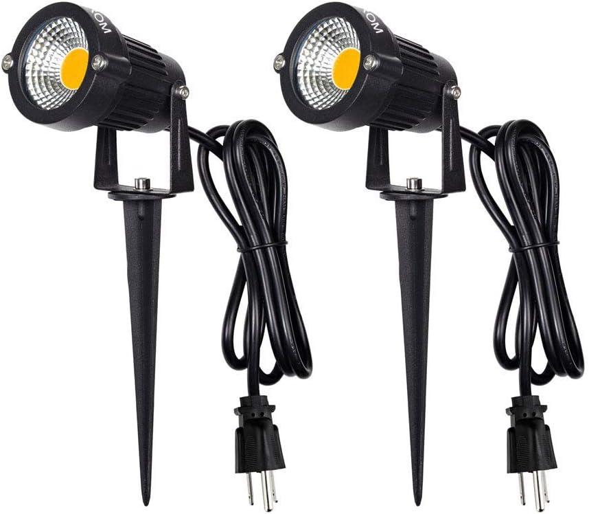 Landscape Outdoor,IP65 Waterproof Garden Spotlights,5W AC 120V Yard Flood Light,Metal Ground Stake Lawn,3200K LED Spotlight with 1.5M UL-Listed Cord and 3-Plug (2 Packs) (Warm White)