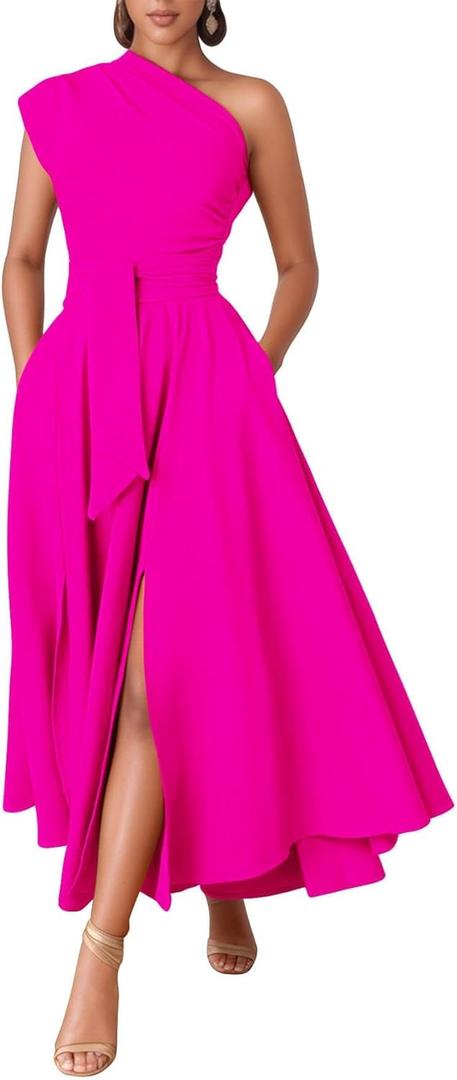 Kwunbwa One Shoulder Dresses for Women Elegant Asymmetrical A Line Flowy Formal Evening Gowns Party Cocktail Dress XL