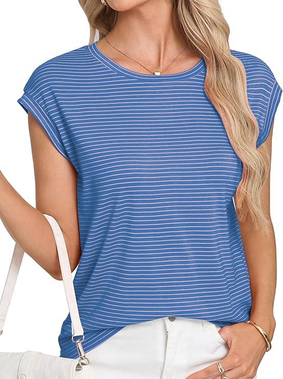 LA BAISEO Womens Casual Cap Short Sleeve Striped Tops Summer Open Back T-Shirts Crew Neck Basic Shirts L