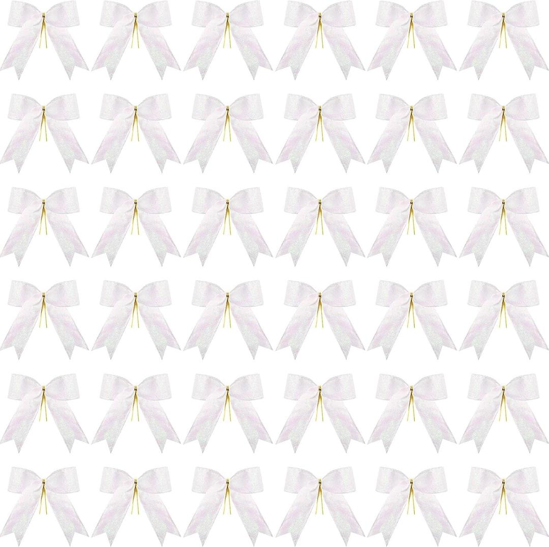 Sumind 36 Pieces White Christmas Tree Glitter Bows, 5 x 4 Inch Tie Ribbon Twist Tie Bows for Treat Bags Gift Wrapping Basket Wedding Birthday Valentine Christmas Tree Wreath Garland Decoration