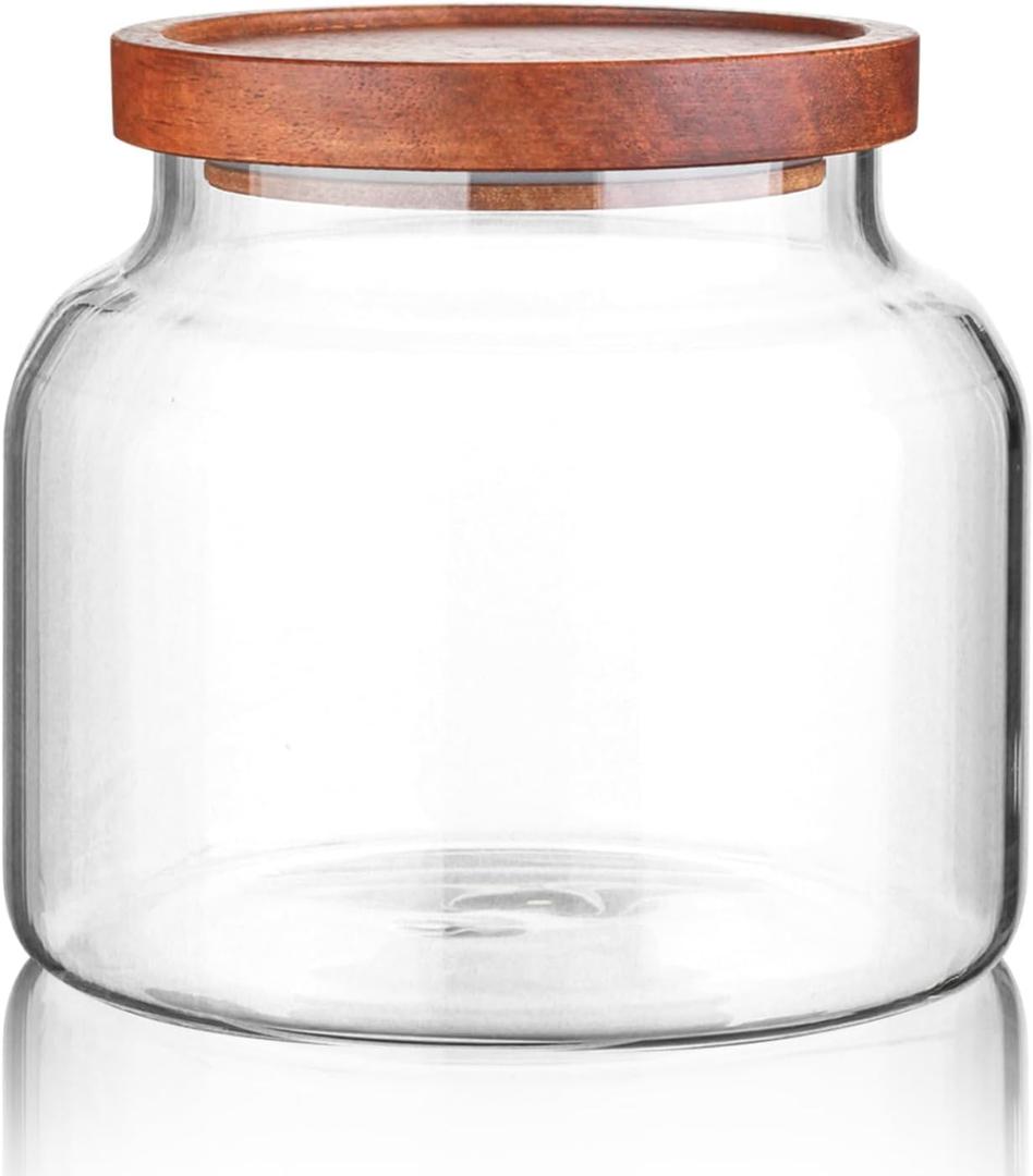 Labina Glass Storage Container Airtight Food Jars Kitchen Canister with Wood Lids, 47 Oz Wide Mouth Pantry Organization Glass Jar for Flour, Sugar, Cookie, Spagetti, Nuts and Candy (B1: 47 Oz 1 pcs)