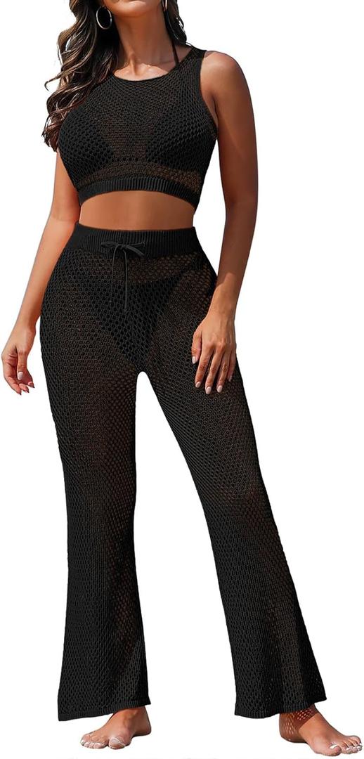 Pink Queen Women's Swimsuit Cover Up Set 2 Pieces Crochet Sleeveless Crop Top Wide Leg Long Pants Beach Coverups, Small, Black 