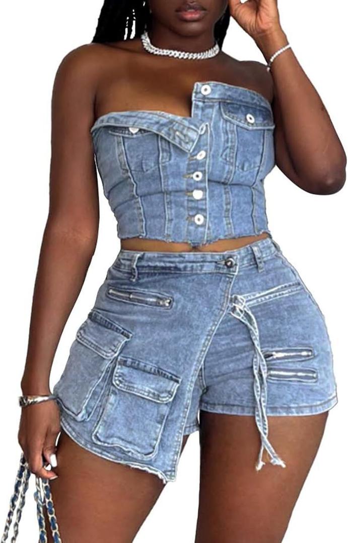 Molilove Women's Denim 2 Piece Outfits Button Tube Top and Cargo Shorts with Pockets Summer Sexy Jeans Shorts Set Tracksuits (Medium, Blue)