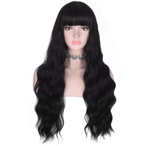 Long Wavy Black Wig with Bangs for Women Heat Resistant Synthetic Hair Wigs for Daily Use (Black)