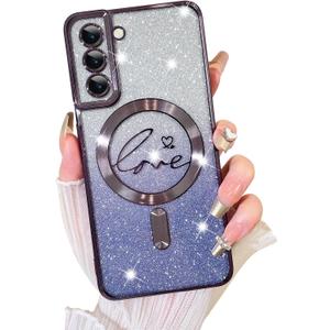 Fiyart Designed for Samsung Galaxy S21 Case,Compatible with MagSafe Love Heart Plating Camera Protection Clear Glitter Magnetic for Women Girls Shockproof Phone Cover Bumper 6.1"-Purple