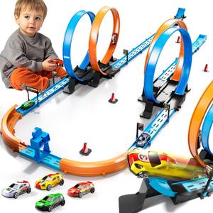 Toy Car Track Gift Set for Boys Kids Age 3-5 4-7 8-12, Long Race Tracks with 4 Action Loops and 4 High-Speed Slot Die-Cast Race Cars, 35+ Pieces Race Tracks to Create Multiple Configurations