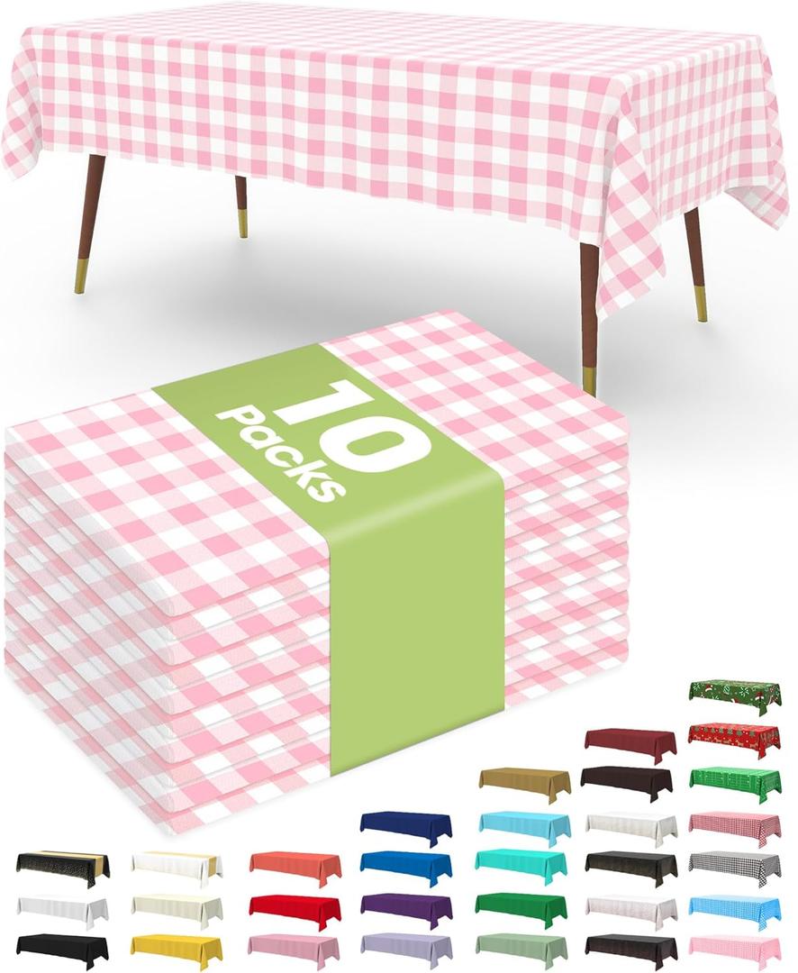 Pureegg Plastic Table Cloth Disposable 10 Pack, 54 x 108 Inch Table Cloths, Party, Picnic, Decorative Gingham Tablecloths, Rectangle, Pink and White Checkered Cover, Leakproof & Sturdy, Pink Plaid