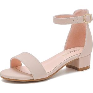 Dufannie Girls Sandals Low Heels Dress Pump Ankle Strap Open Toe Flower Girl Wedding Party for Toddler Little Big Kid (Single Nubuck Nude)