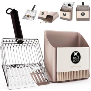 Cat Litter Scooper with Holder, Metal Litter Scoop Includes Portable Small Broom and Dustpan Set, Heavy Duty Stainless Steel Litter Scoop with Coarse and Fine Grid, Quick Sift and Easy Clean