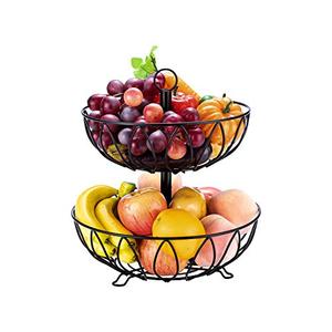 Fruit Stand Vegetables Basket Counter Top Fruit Basket Bowl Storage for Kitchen Home Metal Cast Iron (2 Tier-Black)