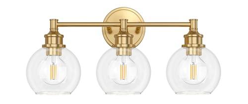 Onwecen Bathroom Light Fixtures, 3-Light Brushed Gold Vanity Light Globe Glass Shades, Bathroom Lighting Fixtures Over Mirror, Wall Sconces for Master Bathroom, Guest Bathroom, Powder Room, 20-inch
