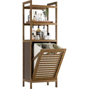 Bamboo Tilt Out Laundry Hamper, Bathroom Storage Cabinet with Hidden Removable Basket and 3 Open Shelves, Space Saving Bamboo Storage for Clothes, Towels and Toys, Walnut, 15.75 inches x 11.81 inches x 46.85 inches