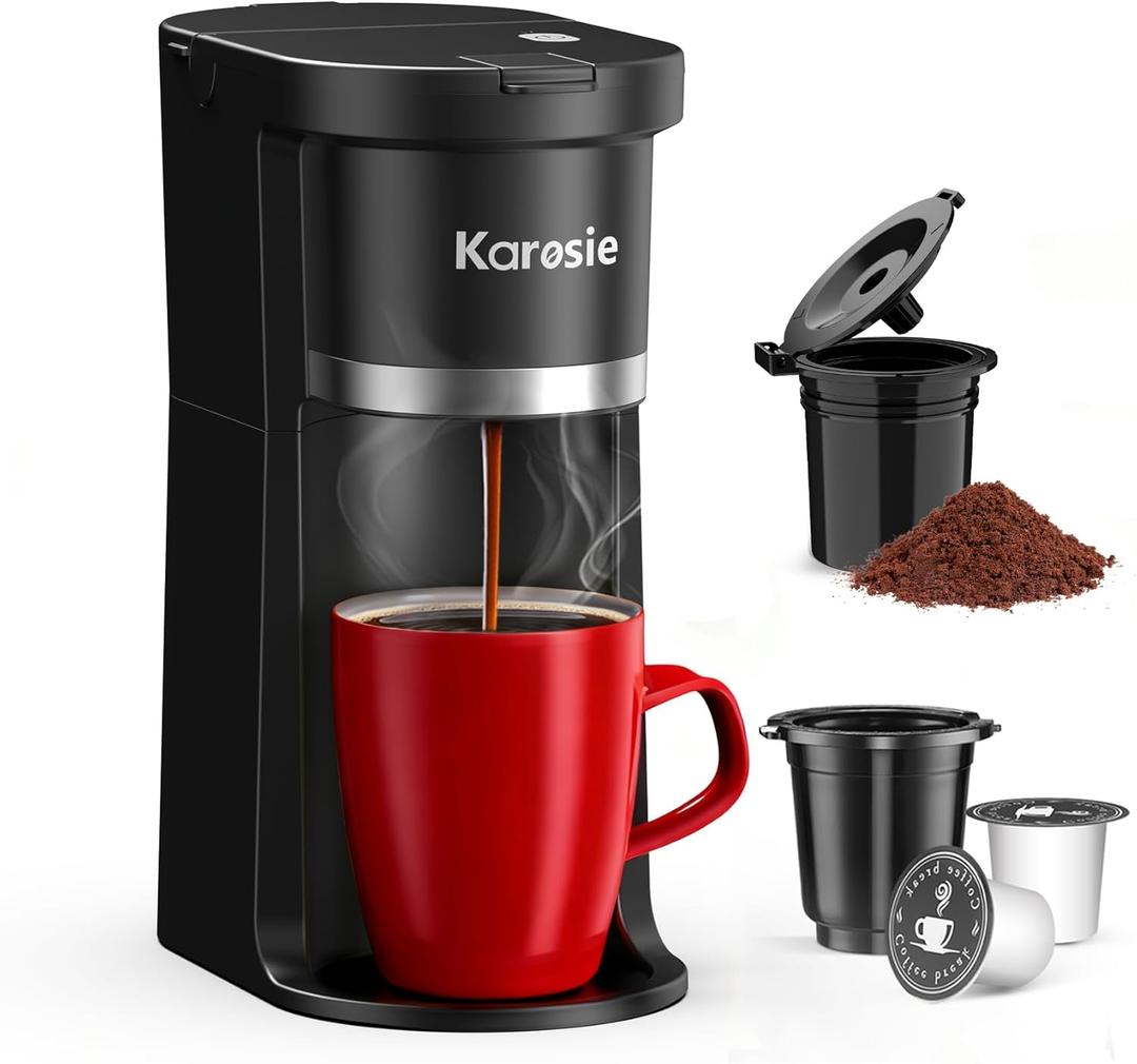 Karosie Small Single Serve Coffee Maker, Fast Brew for K-Cup & Ground Coffee, 6-12 Oz Brew Sizes, One-Button Single Cup Coffee Maker, Coffee Machine with Descaling Reminder, Black