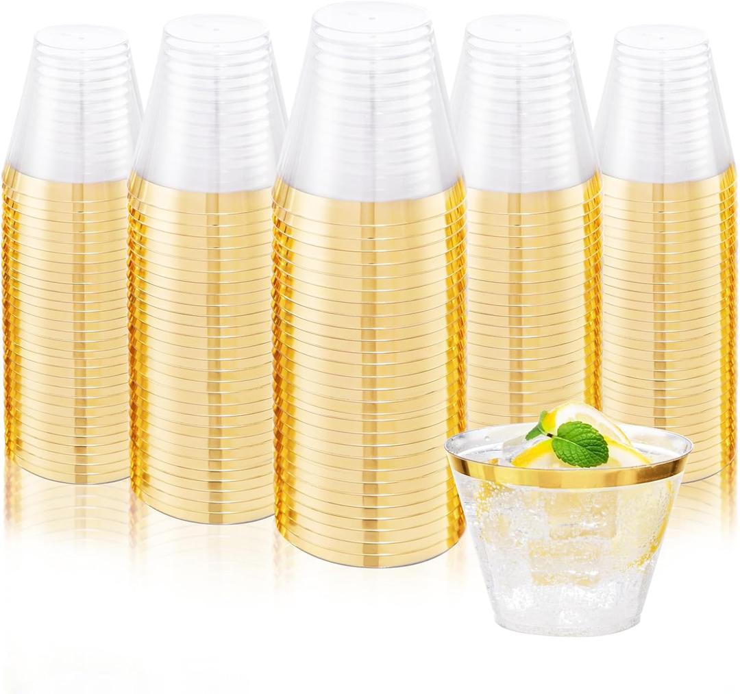 Ciaell 200PCS Gold Plastic Cups - 9Oz Heavy Duty Disposable Clear Plastic Cups with Gold Rim for Wine, Cocktail, Party & Wedding