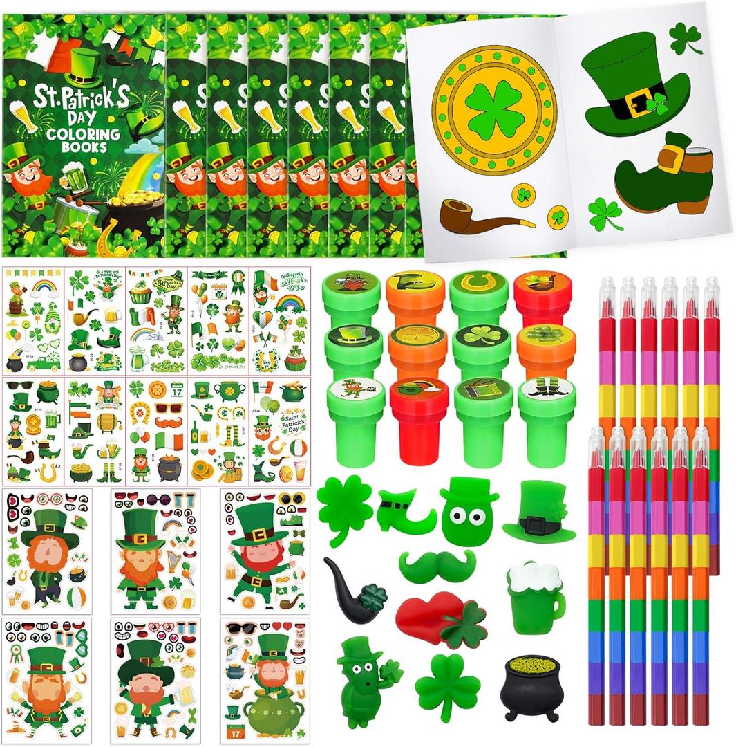 72 Pcs St Patrick's Day Coloring with Crayons Book Party Favors BulkSaint Patricks Day Goodie Bags Fillers Games Gift Craft DIY Kit Face Stickers Tattoo Stamps for Classroom Party