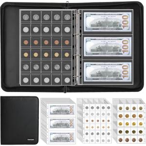 Coin Collection Album Holder for Collectors, 400 Pockets Fireproof Coin Collection Book & 36 Paper Money Organizer Binder for Coin Currency Collection Supplies,Pennies,Bill,Tokens,Badges