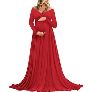 Saslax Maternity Off Shoulders Half Circle Gown for Baby Shower Photo Props Dress (Large, N-red 83)