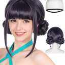 Black Purple Wig with 2 Buns Short Black Purple Hair Double Braided Buns for Women Singers Idols Characters Cosplay Anime Wigs for Halloween Stage Costume Outfit Party +Hair Cap