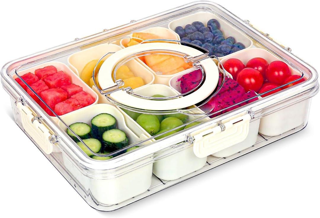 Divided Snack Serving Tray with Lid and Handle travel Snackle Box Charcuterie Container Portable Storage Organizer for Candy, Fruits, Nuts, Snacks(8 Compartments)
