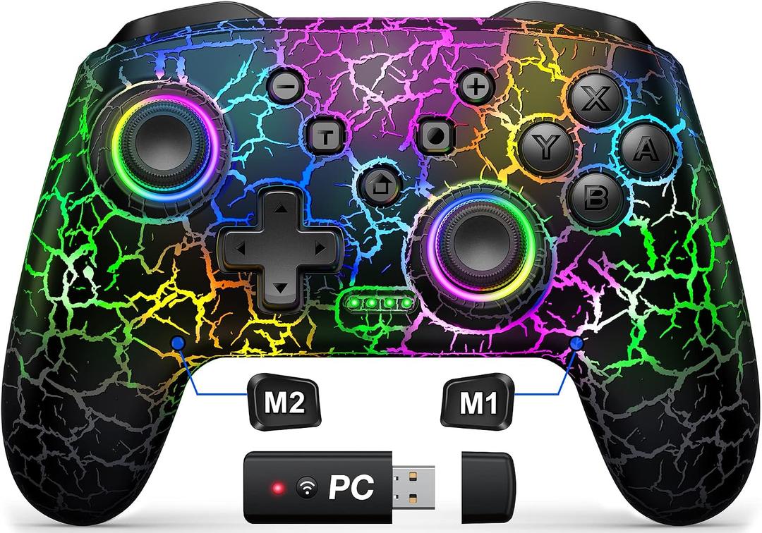 Gammeefy Switch 2 Controller, Wireless Switch Pro Controller for Nintendo Switch/Lite/OLED, 9 Color Adjustable LED Switch Remote Compatible with Windows PC/Android/IOS with Bluetooth receiver