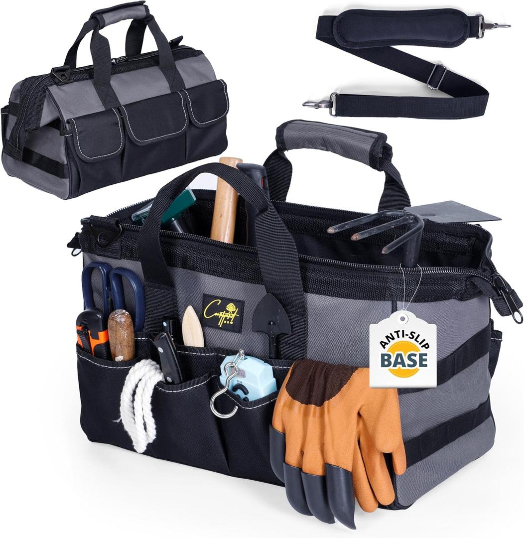 Garden Tool Bag Organizer  13 Pocket Heavy-Duty Gardening Tote with 7 Outer & 6 Inner Compartments, Anti-Slip Base, Adjustable Shoulder Strap & Belt  Garden Organizers and Storage (Grey)